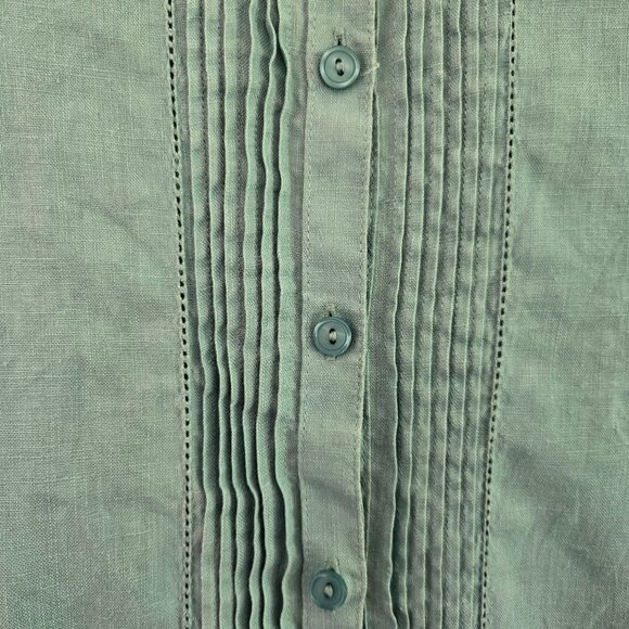 L.L.Bean Womens Medium Turquoise Linen Button-Down Long Sleeve Shirt Pintuck - Picture 3 of 9